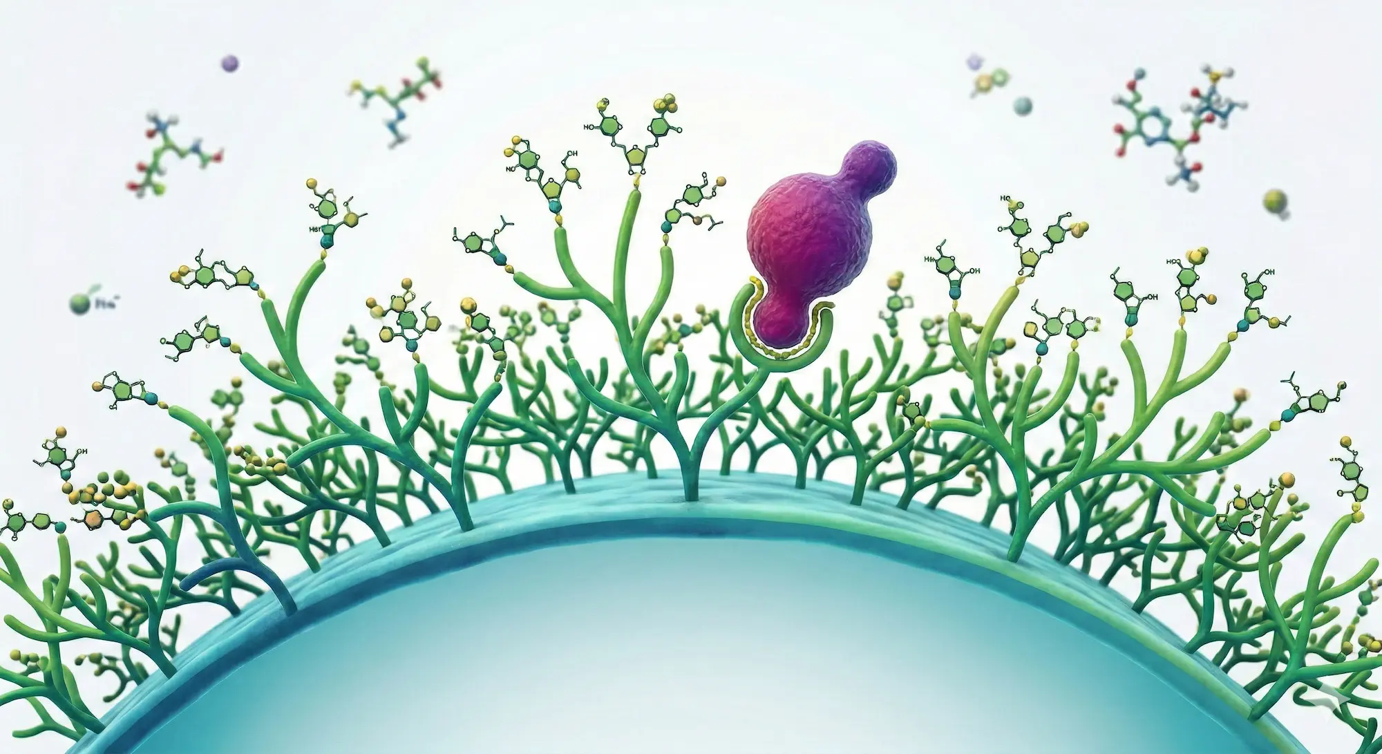 lustración 3D de la membrana celular donde los glicanos actúan como antenas receptoras para encajar con una molécula mensajera