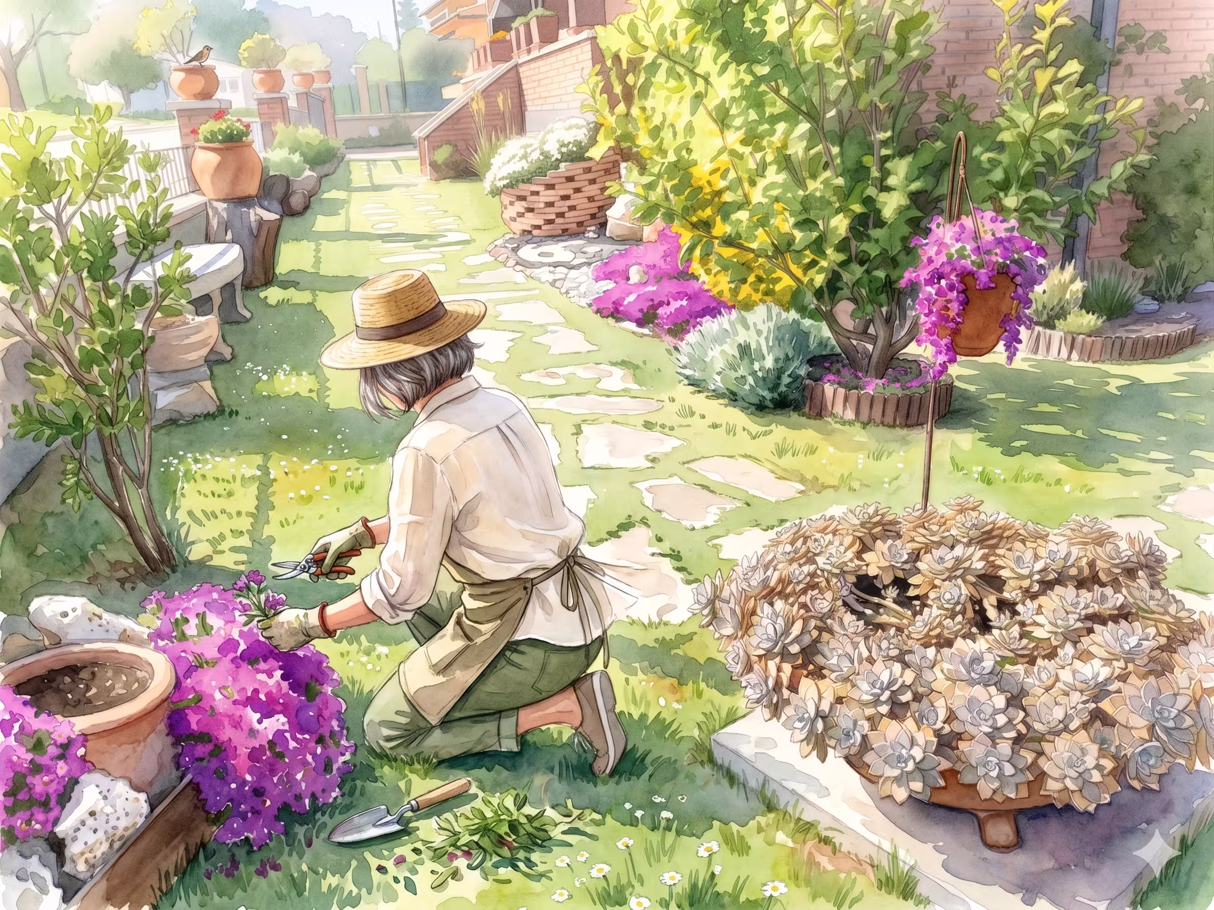 Dona cuidant el jardí i consumint proteïna sana
