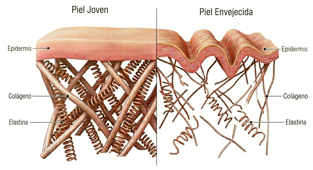 Ilustración de la estructura de una piel joven y una piel envejecida, mostrando cómo la pérdida de colágeno y elastina provoca la formación de arrugas.