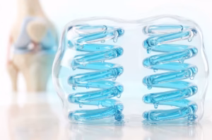 Ilustración 3D de unos muelles azules protegidos por una membrana translúcida que representan la fosfatidilserina actuando como amortiguador celular.