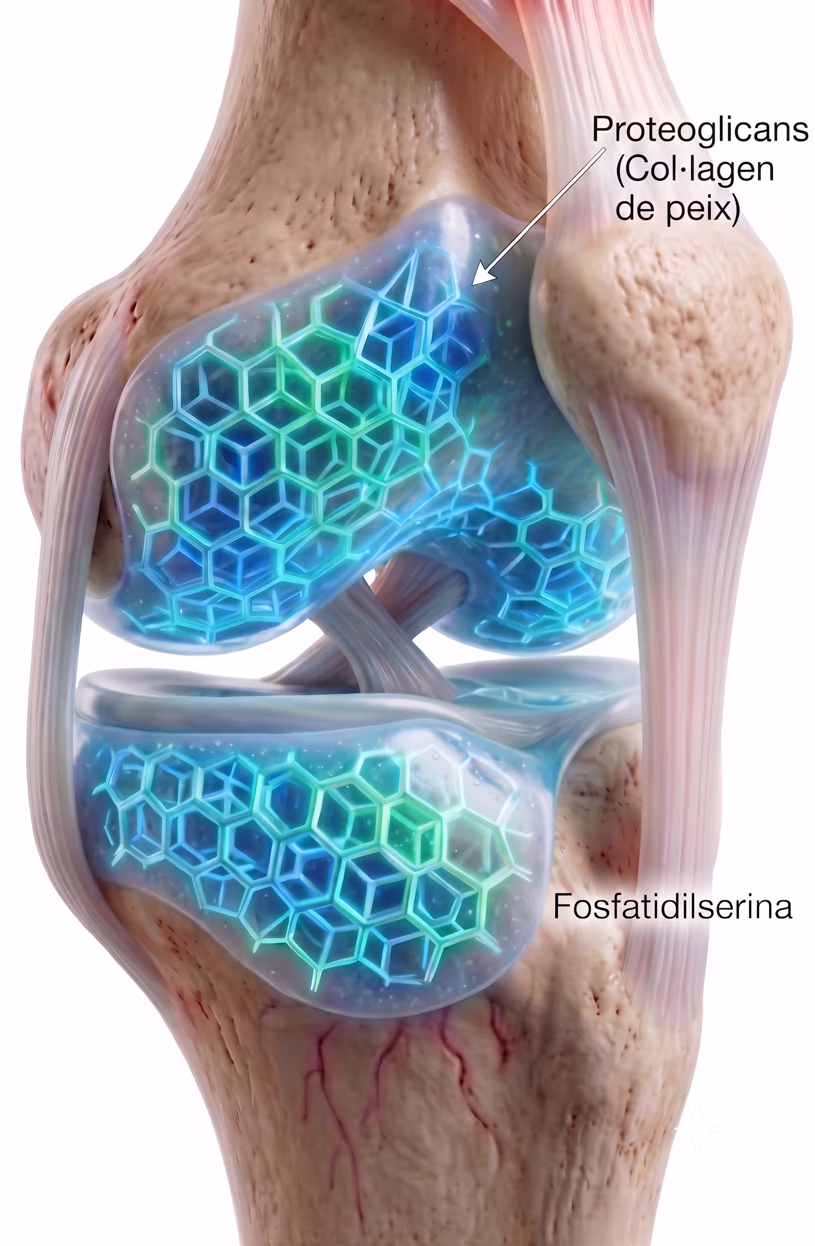 Model anatòmic d'un genoll humà que il·lustra l'estructura hexagonal dels proteoglicans i la fosfatidilserina protegint el cartílag articular.
