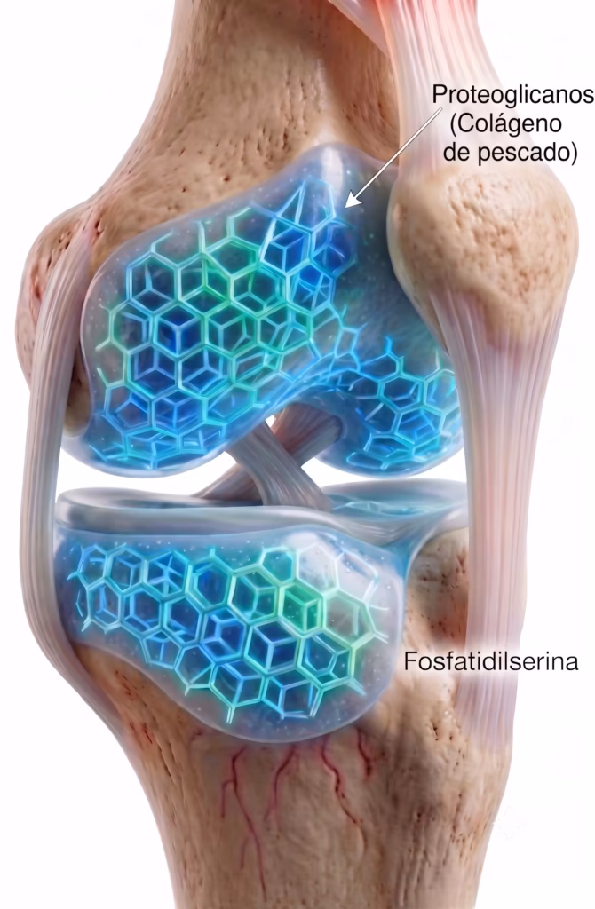 Modelo anatómico de una rodilla humana que ilustra la estructura hexagonal de los proteoglicanos y la fosfatidilserina protegiendo el cartílago articular.