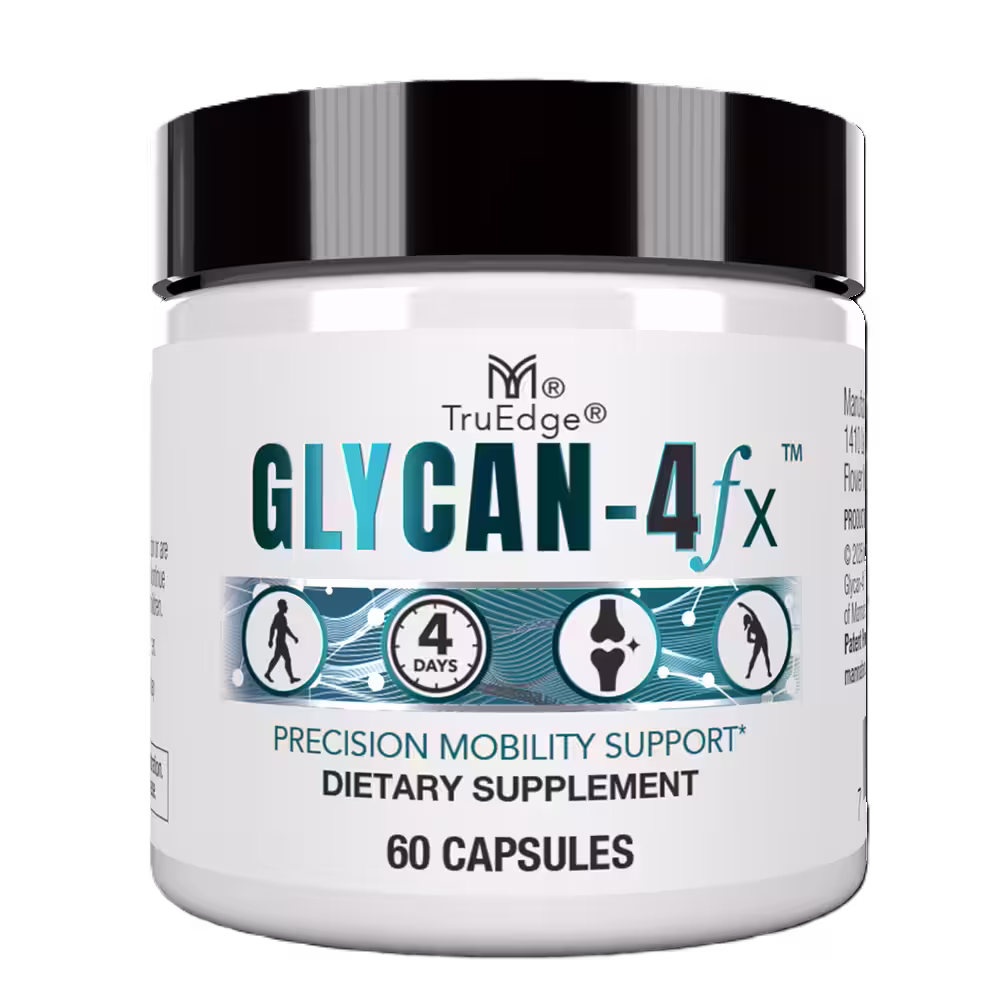 Envase del suplemento dietético TruEdge GLYCAN-4fx diseñado para dar apoyo a la movilidad de las articulaciones.