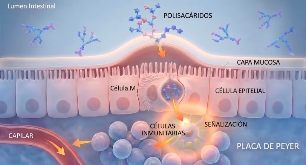 Esquema de la pared intestinal: los polisacáridos del lumen atraviesan el moco, una célula M los captura y los presenta a las células inmunitarias de la placa de Peyer.