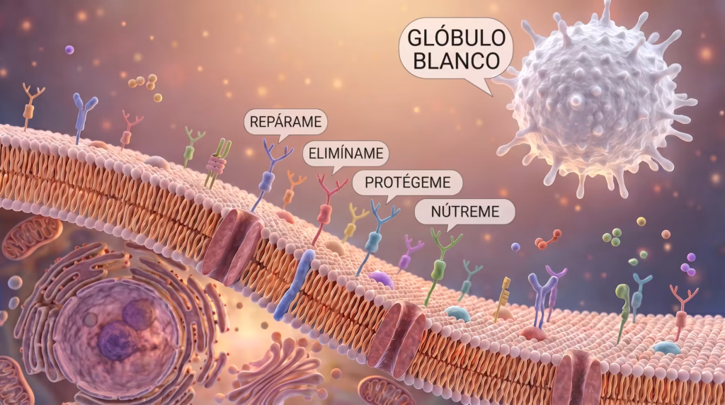 Superficie de una célula con sus glicanos mostrando mensajes —repárame, elimíname, protégeme, nútreme— ante un glóbulo blanco.