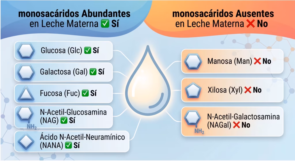 Infografia que classifica els 8 monosacàrids essencials segons la seva presència o absència a la llet materna.